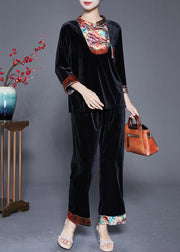 Handmade Black Mandarin Collar Patchwork Tassel Silk Velour Oriental Women Sets 2 Pieces Summer