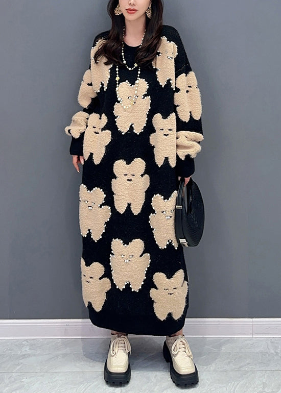 Handmade Black O Neck Little Bear Nail Bead Cotton Knit Long Dresses Fall