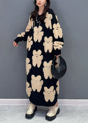 Handmade Black O Neck Little Bear Nail Bead Cotton Knit Long Dresses Fall