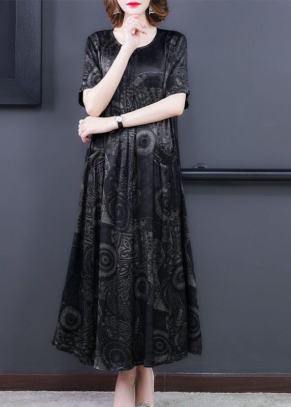 Handmade Black O-Neck Print Silk Long Dress Summer