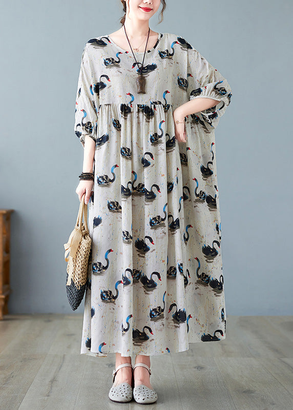 Handmade Black O-Neck Swan Print Patchwork Cotton Maxi Dresses Half Sleeve