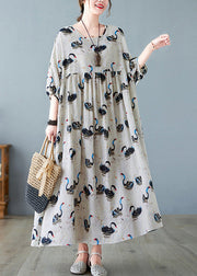 Handmade Black O-Neck Swan Print Patchwork Cotton Maxi Dresses Half Sleeve