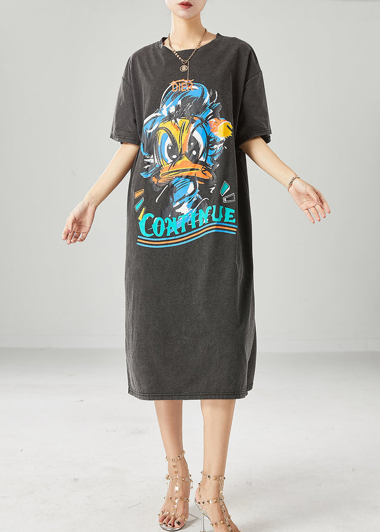 Handmade Black Oversized Duck Print Cotton Maxi Dress Summer