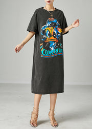 Handmade Black Oversized Duck Print Cotton Maxi Dress Summer