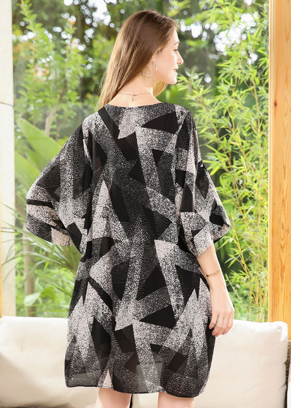 Handmade Black Oversized Print Chiffon Dresses Batwing Sleeve