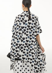 Handmade Black Peter Pan Collar Heart Print Chiffon Tops Summer