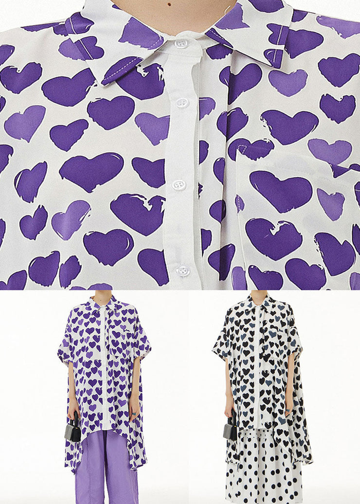 Handmade Black Peter Pan Collar Heart Print Chiffon Tops Summer