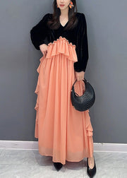 Handmade Black Pink Ruffled Velour Patchwork Chiffon Dresses Fall