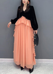 Handmade Black Pink Ruffled Velour Patchwork Chiffon Dresses Fall