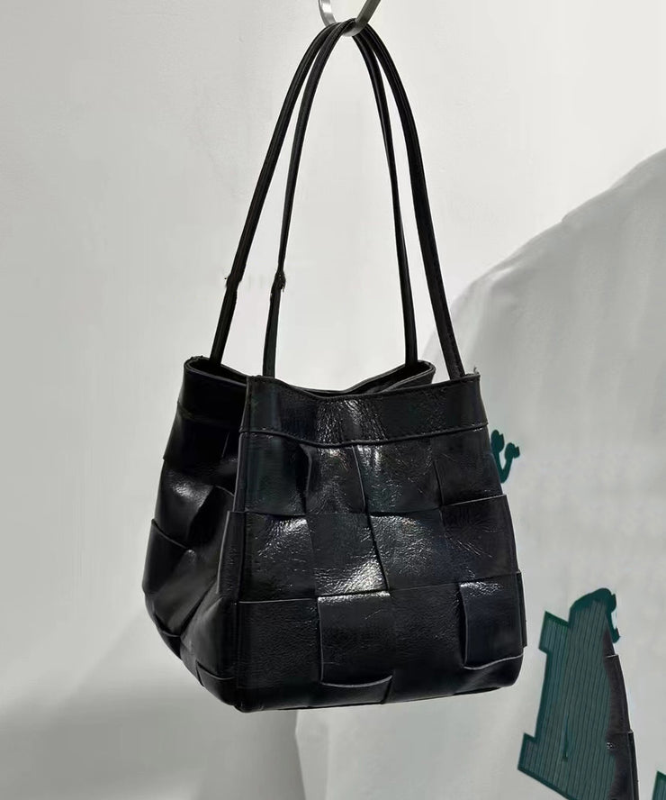 Handmade Black Plaid Patchwork Faux Leather Satchel Handbag