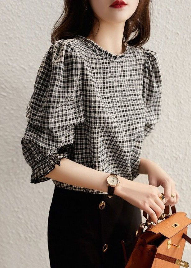 Handmade Black Plaid Ruffled Patchwork Cotton Tops Spring