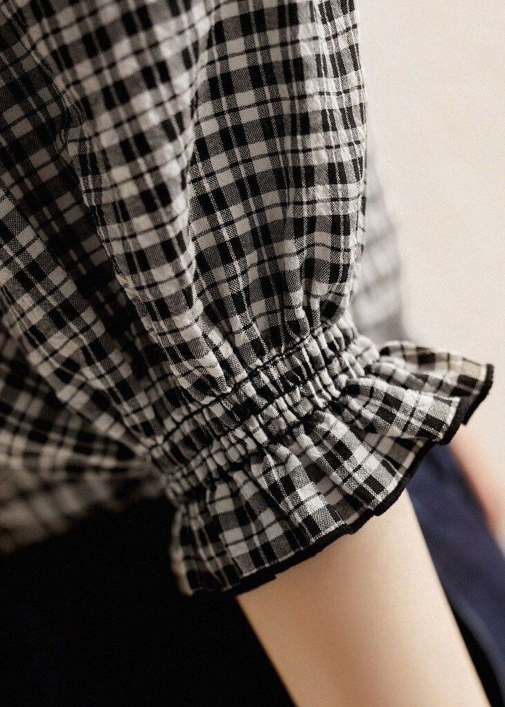 Handmade Black Plaid Ruffled Patchwork Cotton Tops Spring