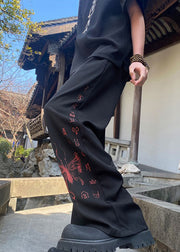 Handmade Black Pockets Print Ice Silk Mens Pants Summer