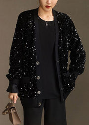 Handmade Black Sequins Button Pockets Cotton Coat Spring