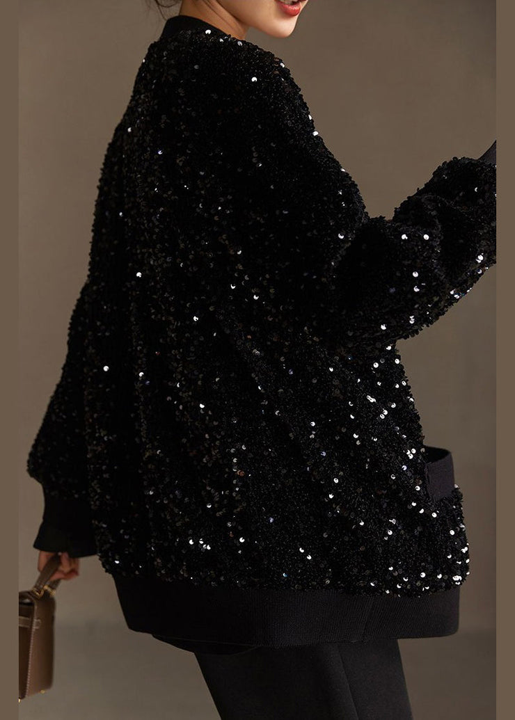 Handmade Black Sequins Button Pockets Cotton Coat Spring