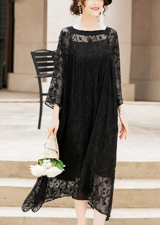 Handmade Black Square Collar Embroideried Silk A Line Dresses Summer