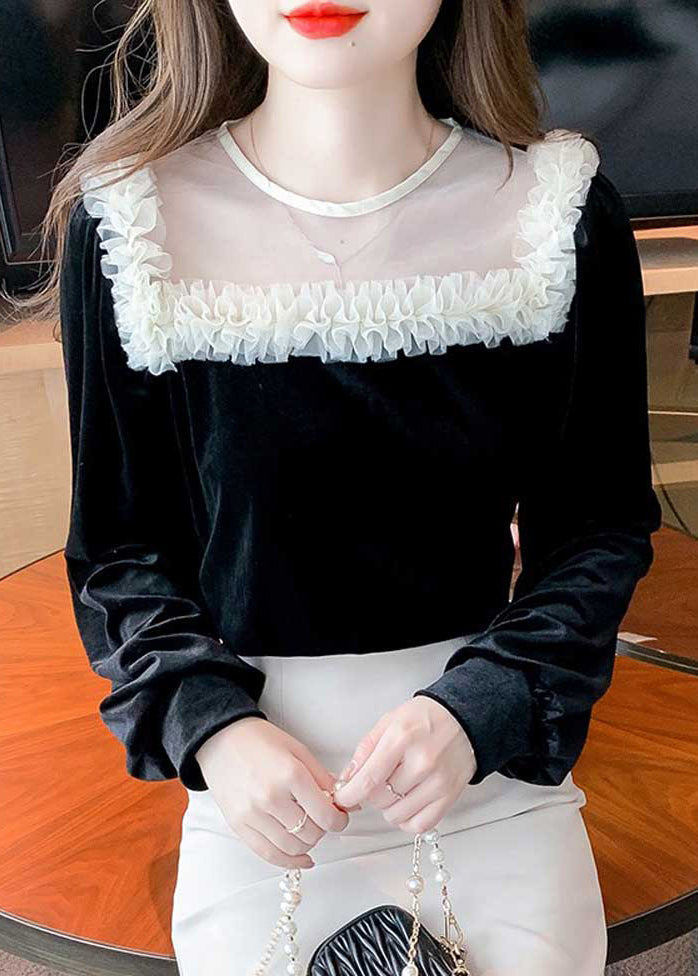 Handmade Black Square Collar Tulle Patchwork Velour Top Bottoming Shirt