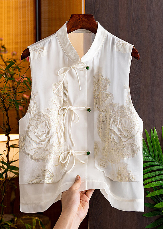 Handmade Black Stand Collar Embroideried Button Silk Cardigans Sleeveless