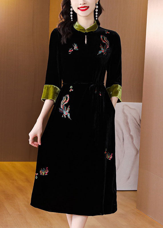 Handmade Black Stand Collar Embroidered Pockets Silk Velour Long Dresses Long Sleeve