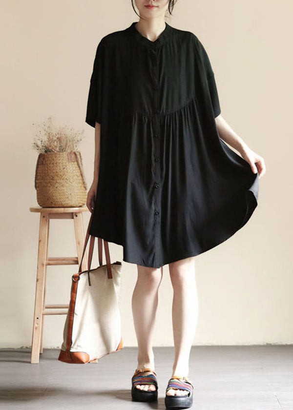 Handmade Black Stand Collar Patchwork Cotton Shirt Dress Summer