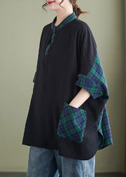 Handmade Black Stand Collar Plaid Button Top Half Sleeve