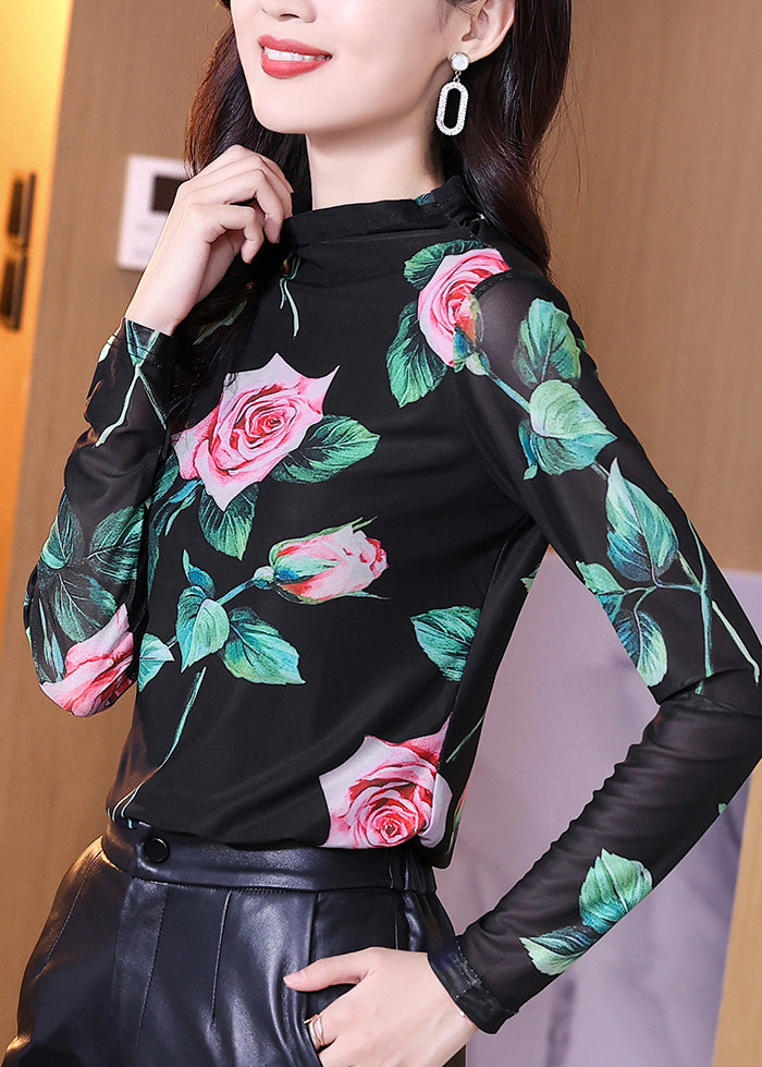 Handmade Black Stand Collar Print Tulle Top Bottoming Shirt