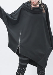 Handmade Black Turtleneck Asymmetrical Patchwork Zippered Low High Design Sweatshirts Batwing Sleeve