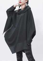 Handmade Black Turtleneck Asymmetrical Patchwork Zippered Low High Design Sweatshirts Batwing Sleeve