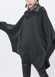 Handmade Black Turtleneck Asymmetrical Patchwork Zippered Low High Design Sweatshirts Batwing Sleeve