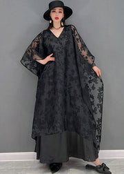 Handmade Black V Neck Embroideried Asymmetrical Design Silk Tulle Long Dress Batwing Sleeve