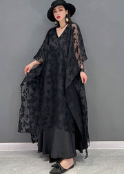 Handmade Black V Neck Embroideried Asymmetrical Design Silk Tulle Long Dress Batwing Sleeve