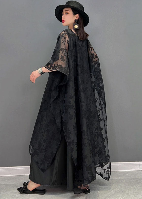 Handmade Black V Neck Embroideried Asymmetrical Design Silk Tulle Long Dress Batwing Sleeve