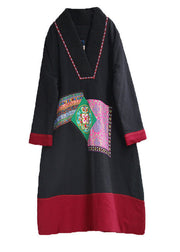 Handmade Black V Neck Patchwork Embroideried Fine Cotton Filled Gown Winter