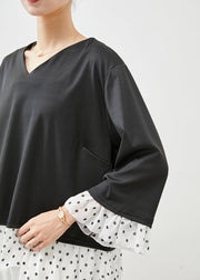 Handmade Black V Neck Patchwork Spandex Blouse Top Lantern Sleeve