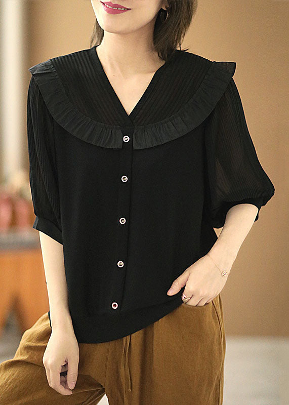 Handmade Black V Neck Patchwork Wrinkled Shirt Short Sleeve