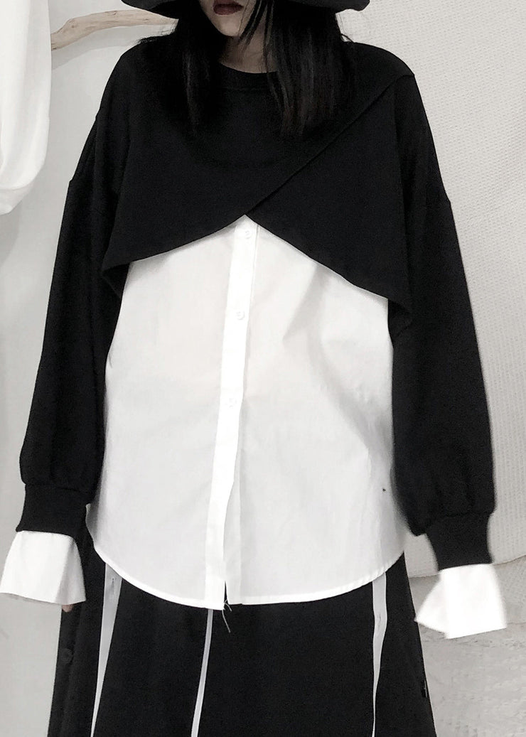 Handmade Black White Patchwork O-Neck Button Cotton Top Long Sleeve