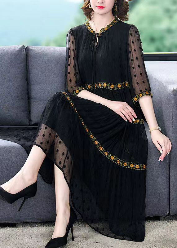 Handmade Black Wrinkled Embroideried Patchwork Silk Dress Summer