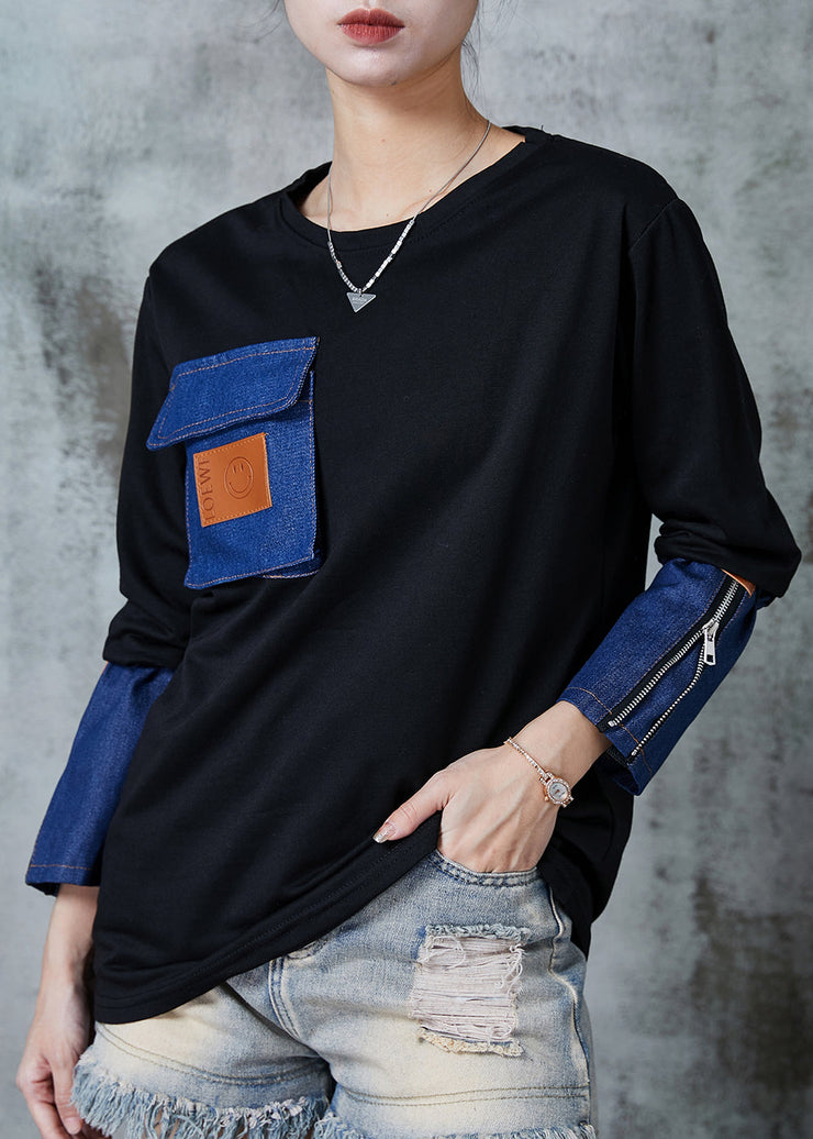 Handmade Black Zip Up Patchwork Denim Cotton Sweatshirts Top Spring