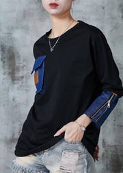 Handmade Black Zip Up Patchwork Denim Cotton Sweatshirts Top Spring