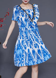 Handmade Blue Cinched Print Linen Vacation Dress Summer