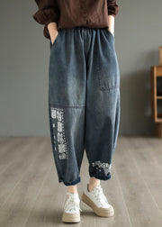 Handmade Blue Embroideried Patchwork Pockets Denim Harem Pants Summer