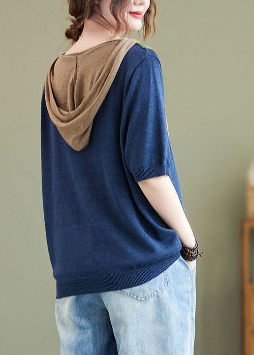 Handmade Blue Hooded Print Knit Top Half Sleeve