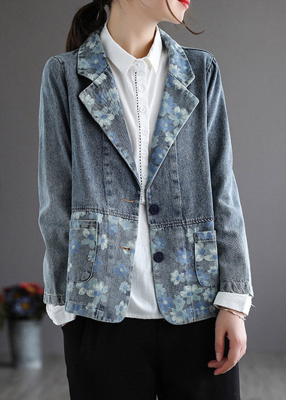 Handmade Blue Notched Print Button Denim Coat Spring