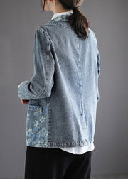 Handmade Blue Notched Print Button Denim Coat Spring