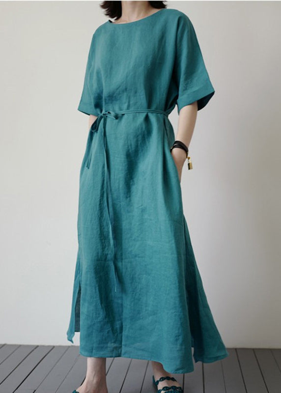 Handmade Blue O-Neck Tie Waist Long Dresses Summer