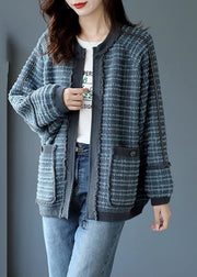 Handmade Blue O-Neck Zippered Striped Patchwork Pockets Coats Long Sleeve