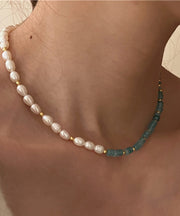 Handmade Blue Overgild Inlaid Jade Pearl Necklace