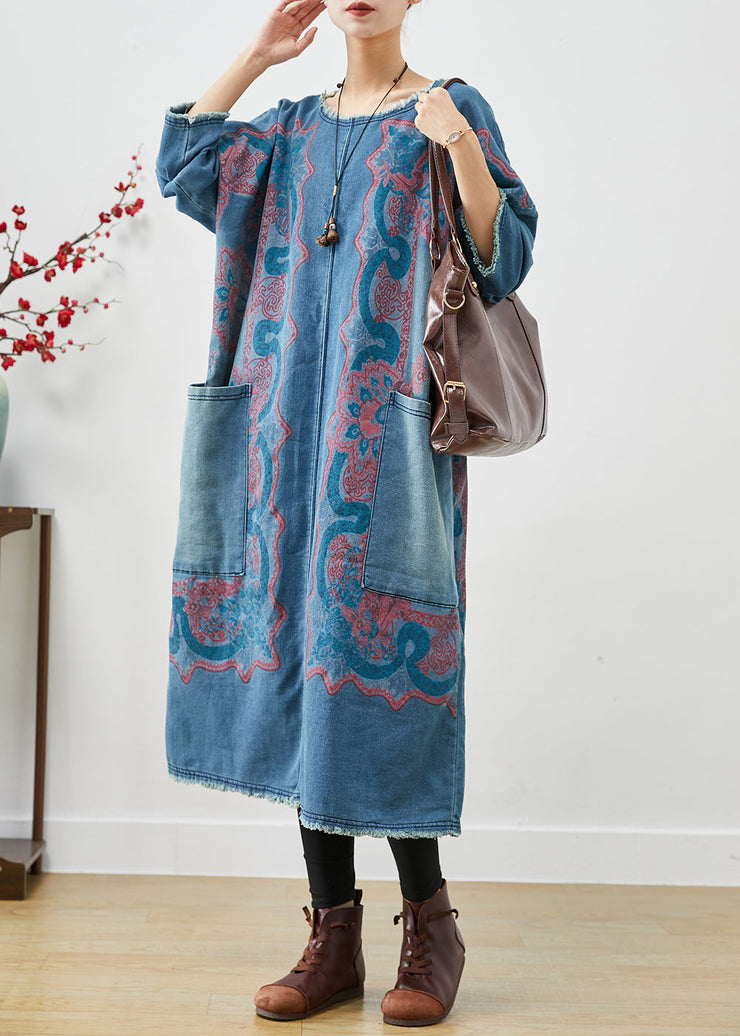 Handmade Blue Oversized Print Denim Dress Fall