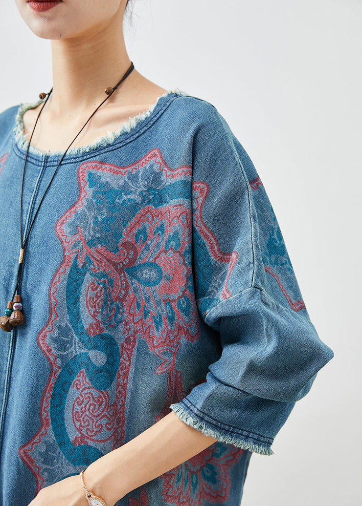 Handmade Blue Oversized Print Denim Dress Fall