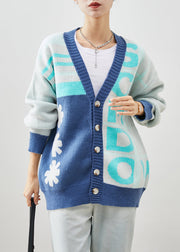 Handmade Blue Oversized Print Knit Coats Winter